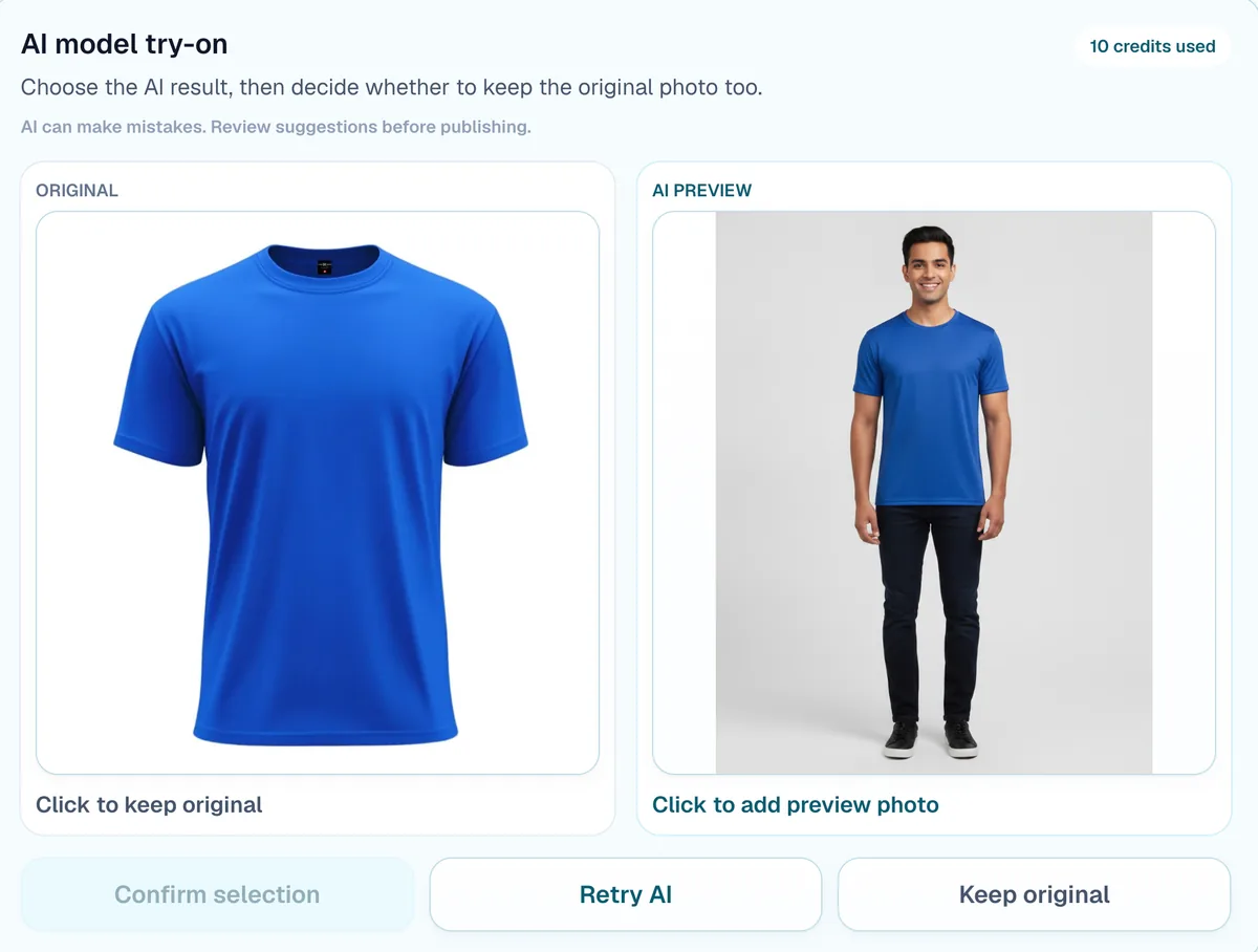 AI try-on comparing the original blue T-shirt with a model wearing it