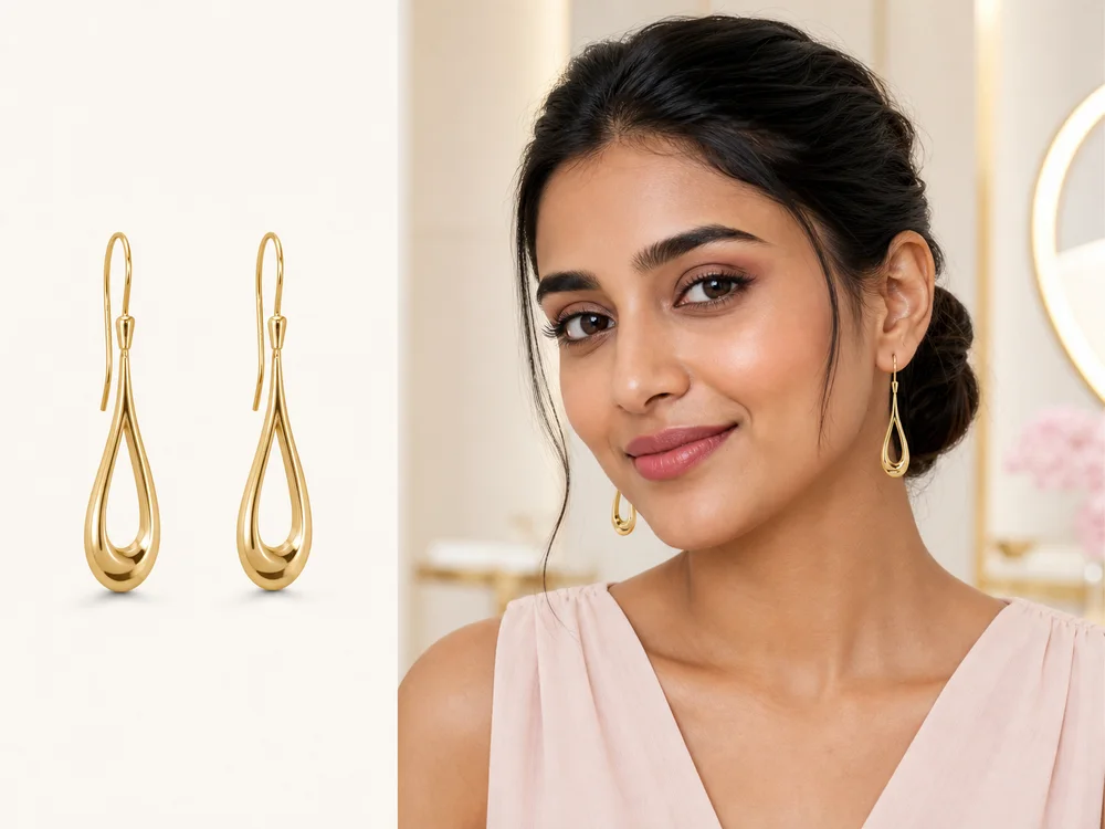 Gold earrings shown as a product and naturally worn using AI try-on