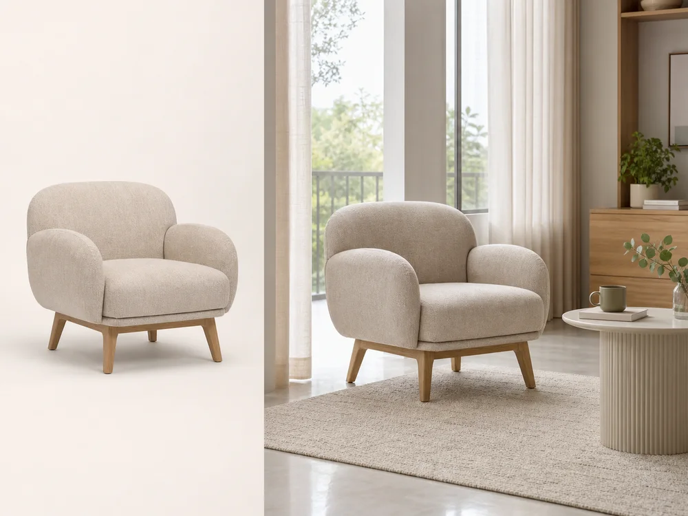 Lounge chair shown as a product and placed naturally in a living room with AI