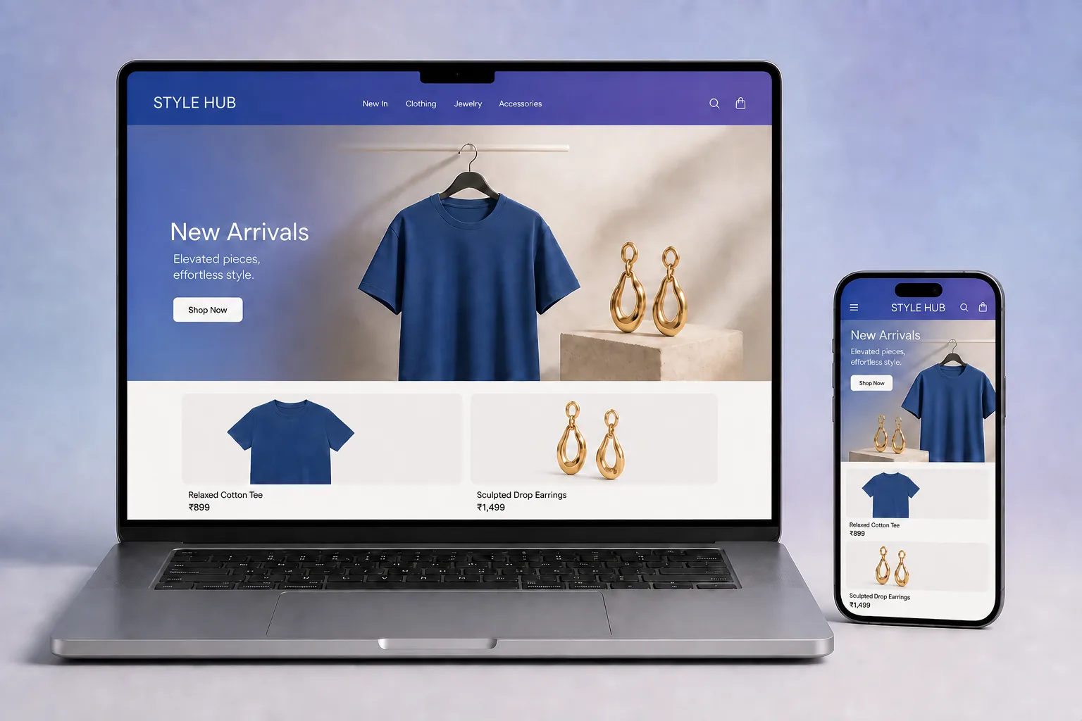 Photorealistic MacBook-style laptop and iPhone-style smartphone showing the responsive Style Hub storefront with Indian rupee pricing