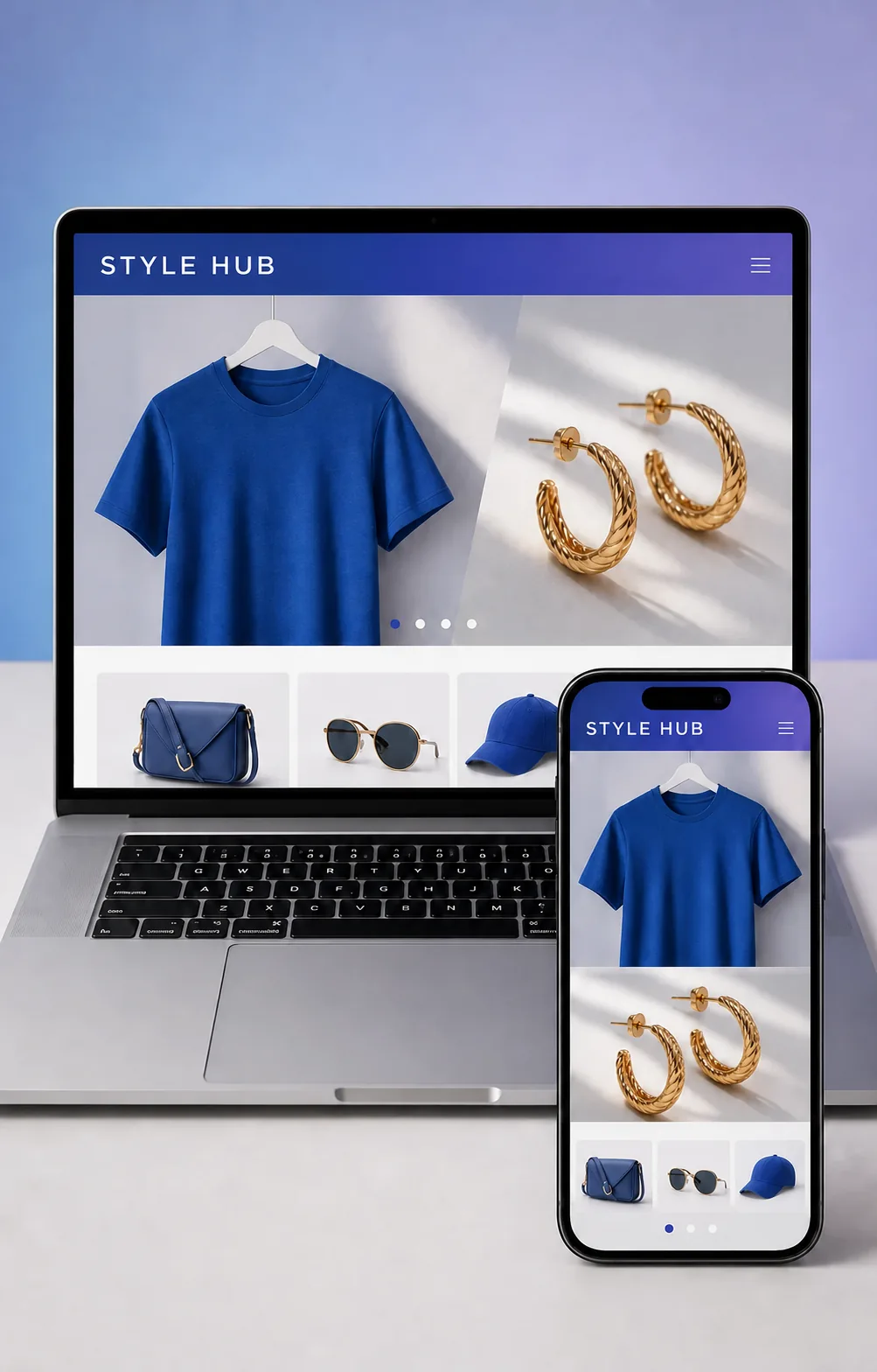 Photorealistic laptop and smartphone showing the same Style Hub online storefront