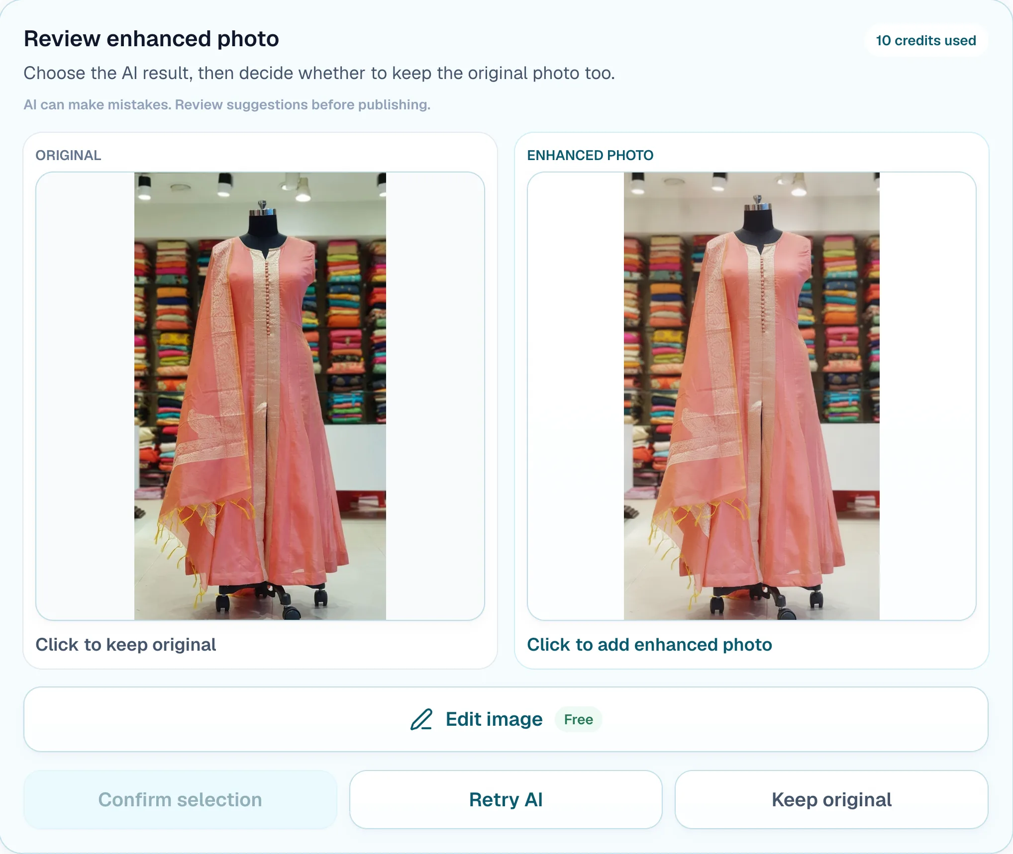 Storzu review showing the original kurta product photo beside its enhanced AI result