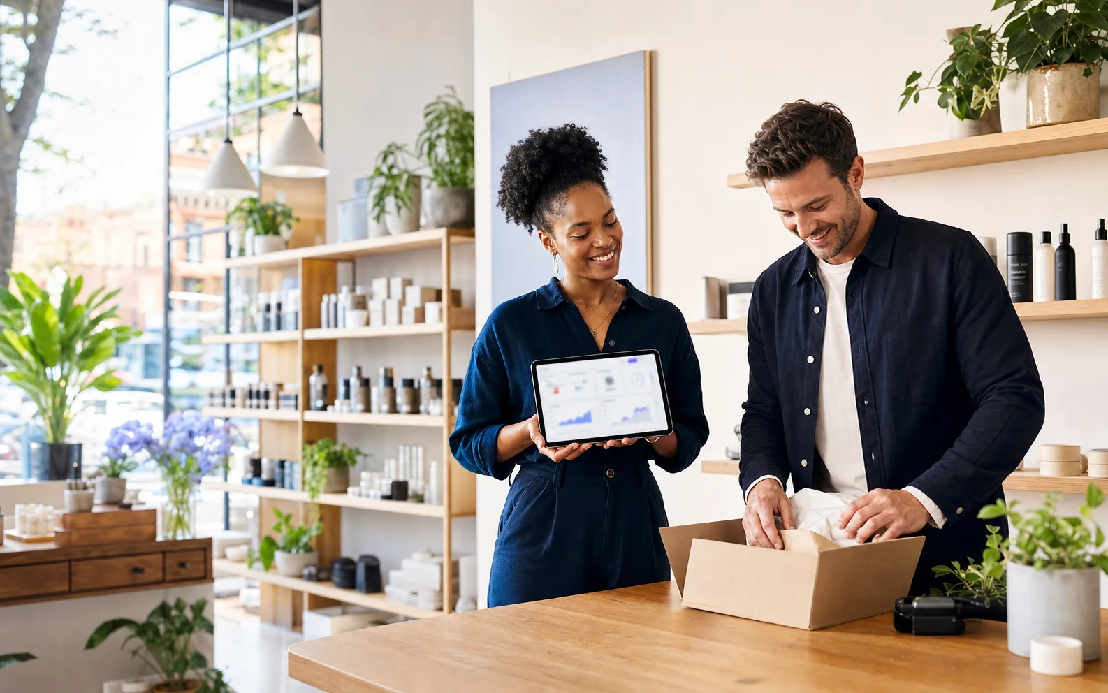 A Black woman and white man running their neighborhood business together