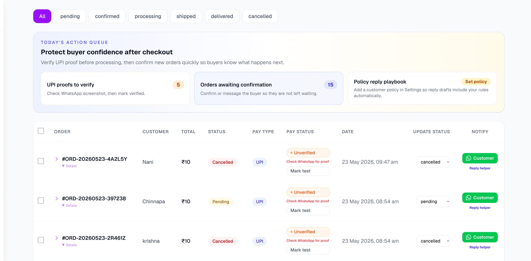 Storzu vendor dashboard order fulfilment screen