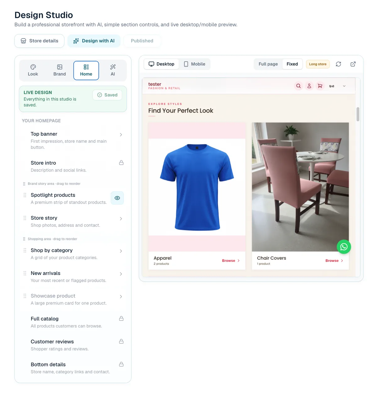 Storzu Design Studio showing storefront sections with a live desktop and mobile preview