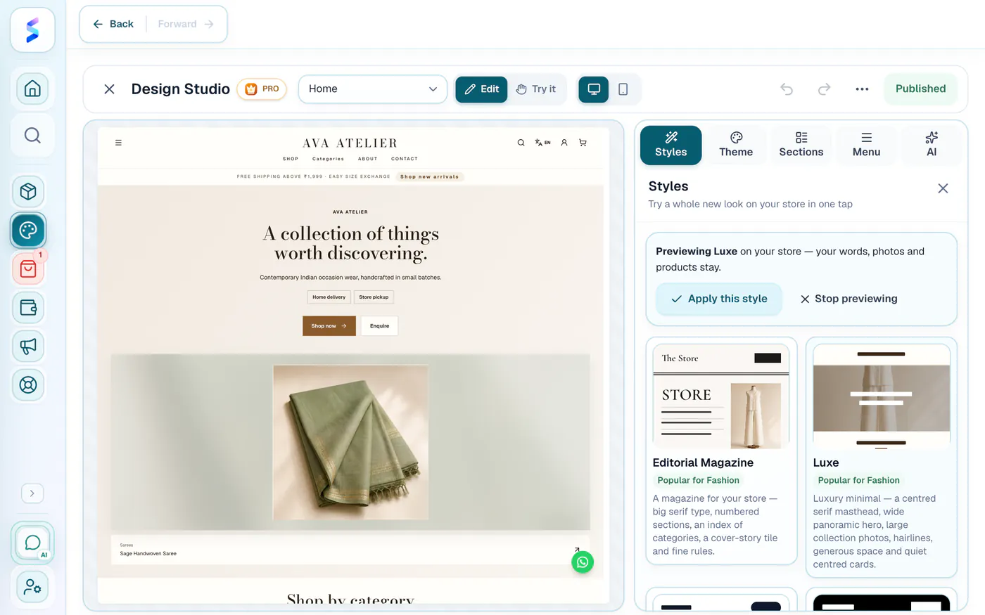 Storzu Design Studio previewing the Luxe style on a fashion store before it is applied