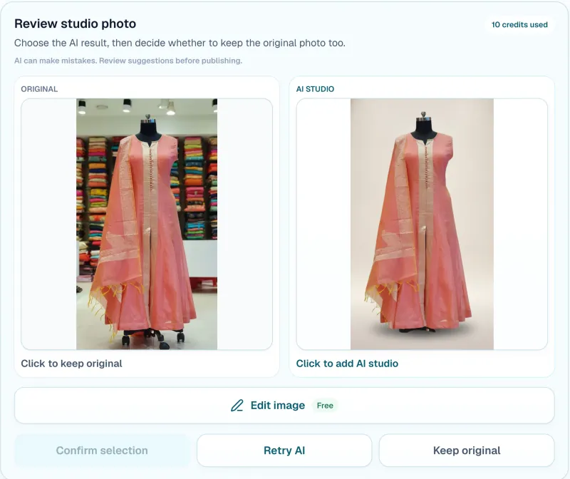 Storzu's review screen comparing the original shop photo with an AI studio version of the same outfit on a clean background