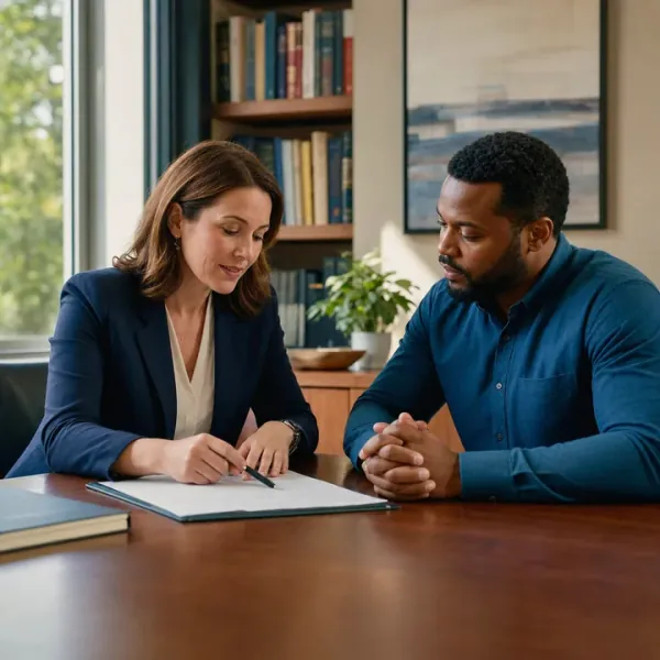 A lawyer going through a document with a client across an office desk, law books on the shelves behind