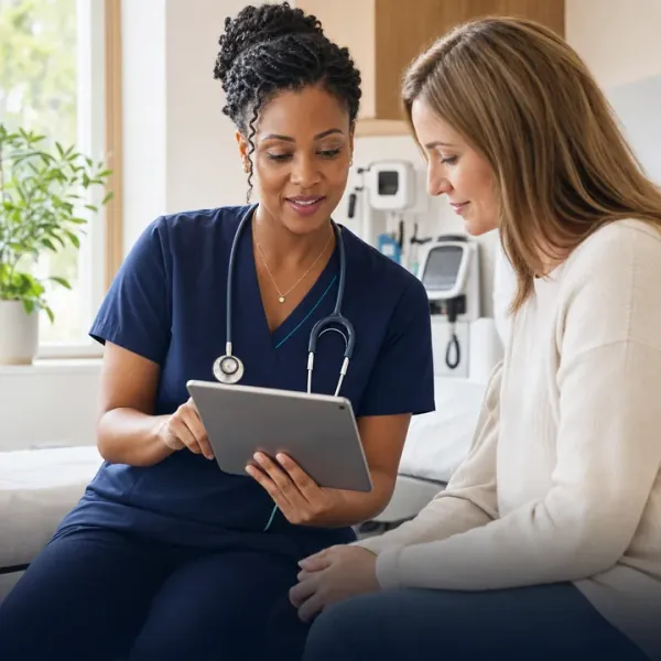 A clinician in scrubs reviewing notes on a tablet with a patient in an exam room