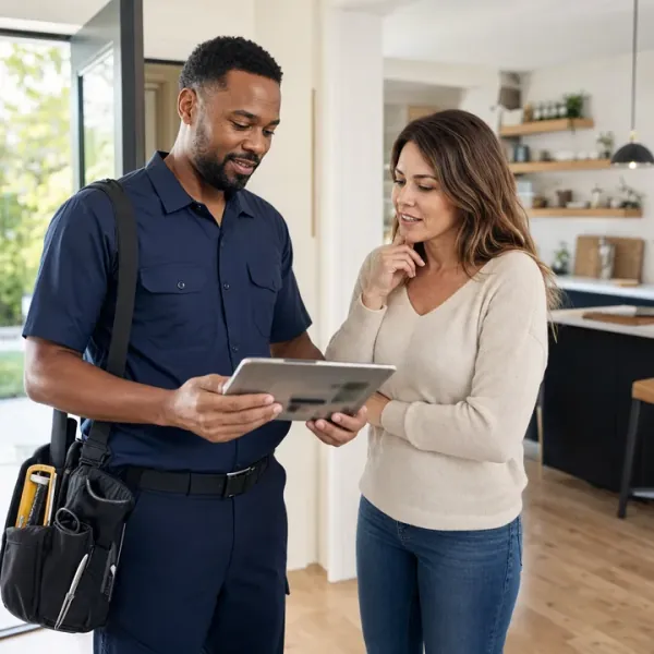 A home-services technician with a tool bag showing a tablet to a homeowner in her kitchen