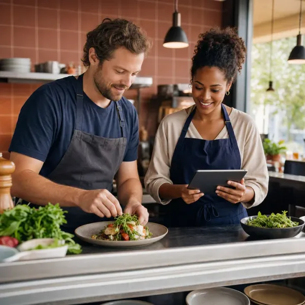 A cook plating a salad at a restaurant pass while a colleague in an apron checks a tablet