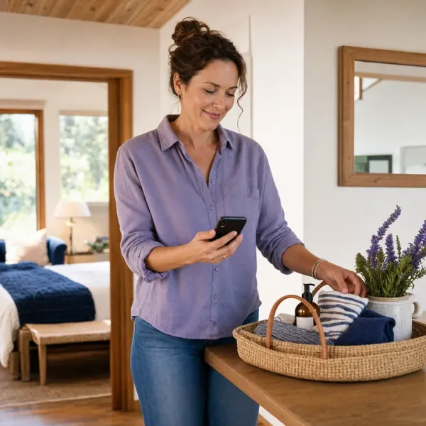 A host checking her phone while setting out fresh towels and toiletries in a guest bedroom